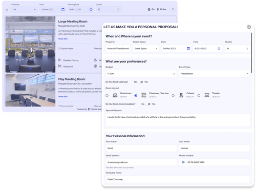 Screenshot of personal proposals from book a space app