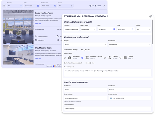 Screenshot of personal proposals from book a space app